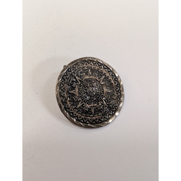 Vintage Taxco Signed Sterling Silver Aztec Calendar Brooch Pin - Picture 1 of 5